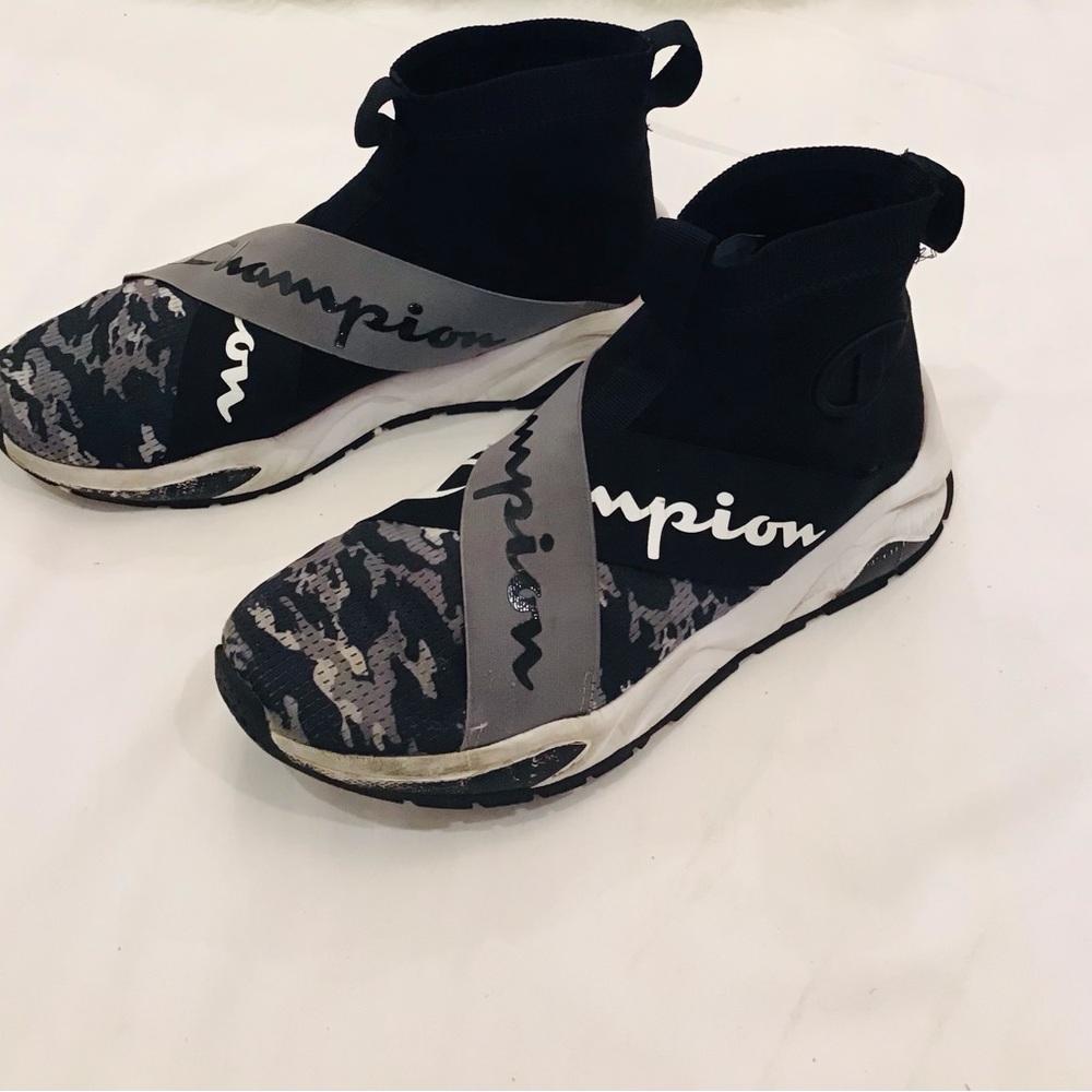 Champion Women’s Black & Gray Slip-On Sock Sneakers with Logo Strap